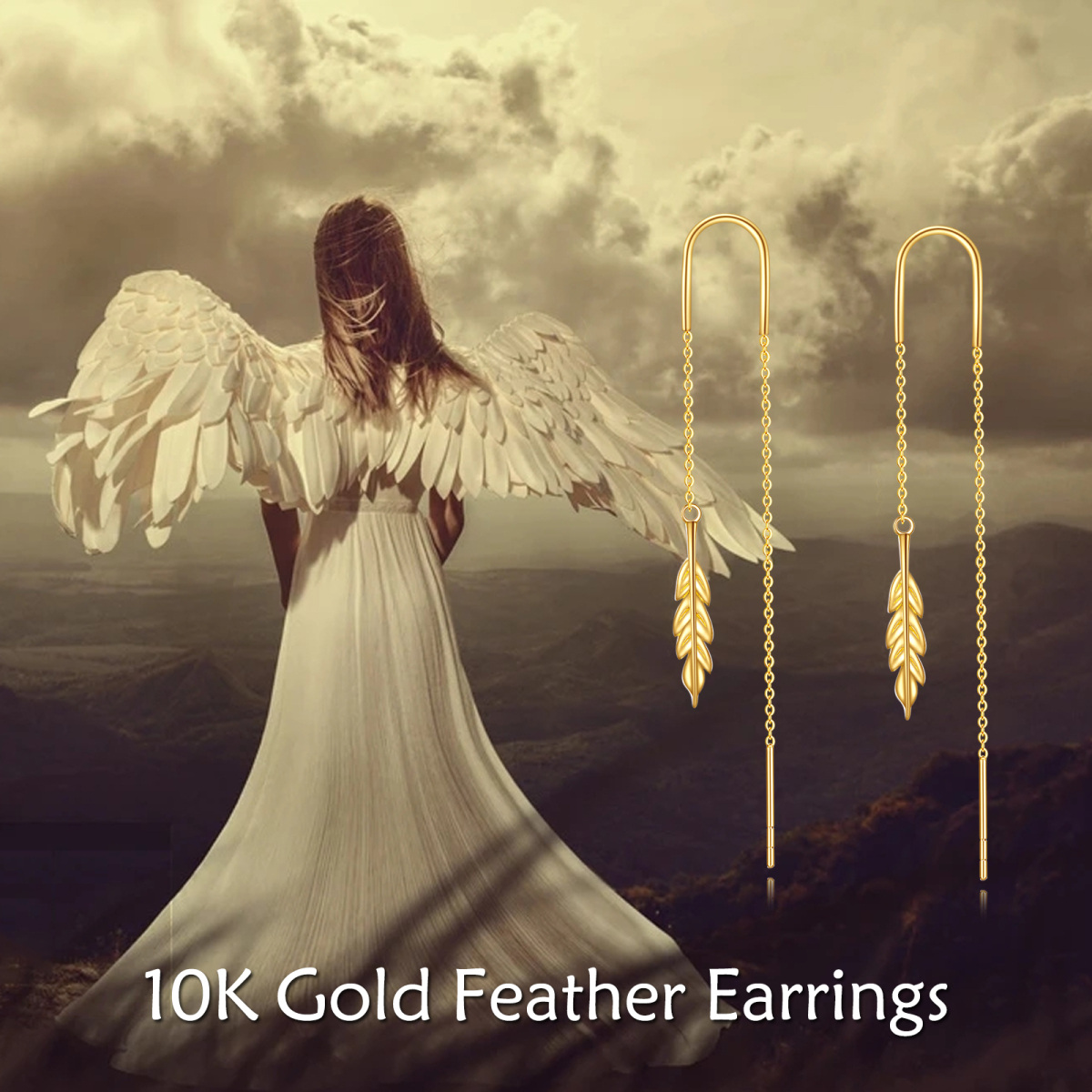 10K Yellow Gold Feather Pull Through Threader Drop Earrings-4