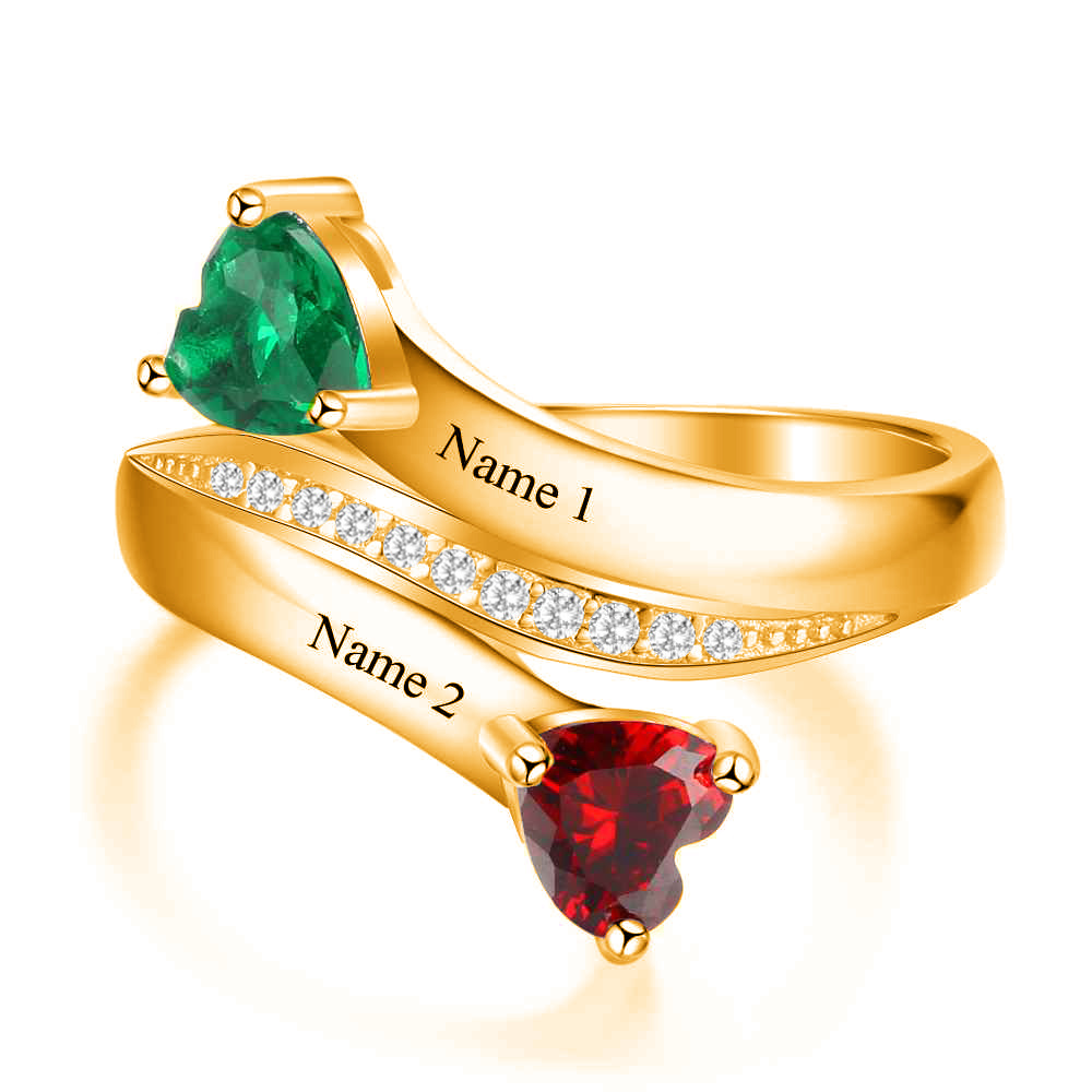 10K Yellow Gold Heart Shaped Personalized Birthstone & Personalized Engraving Open Ring-1