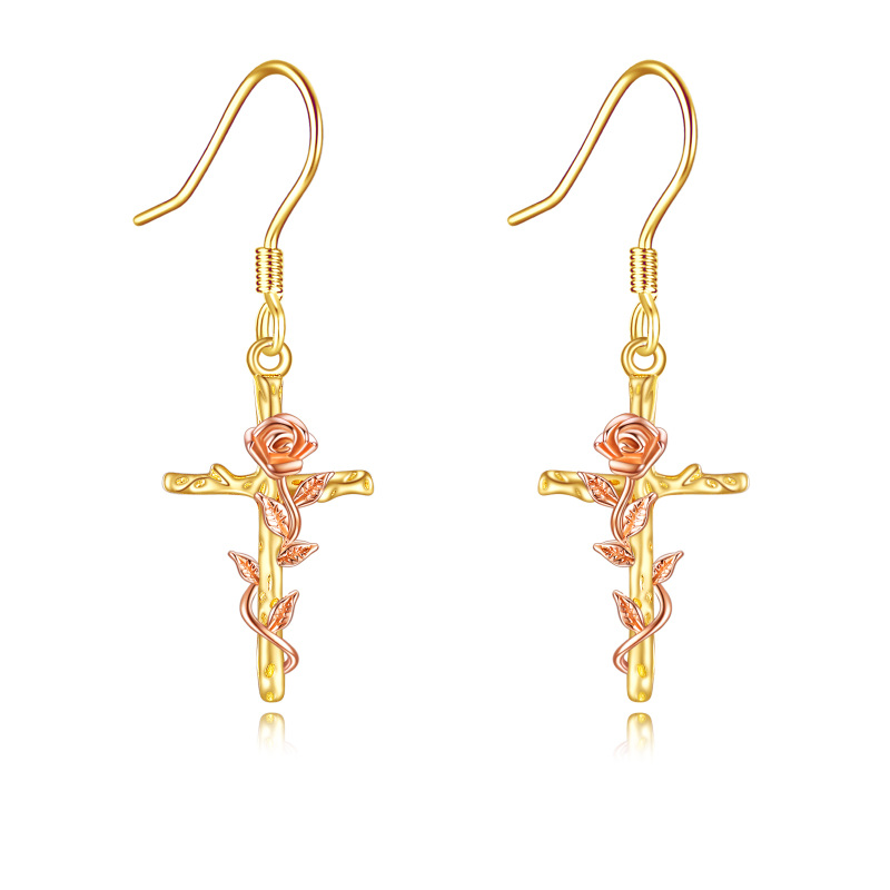 10K Yellow Gold Rose & Cross Drop Earrings-1