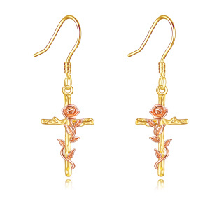 10K Yellow Gold Rose & Cross Drop Earrings-21