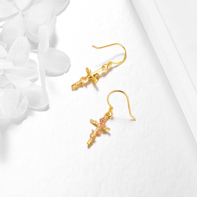 10K Yellow Gold Rose & Cross Drop Earrings-4