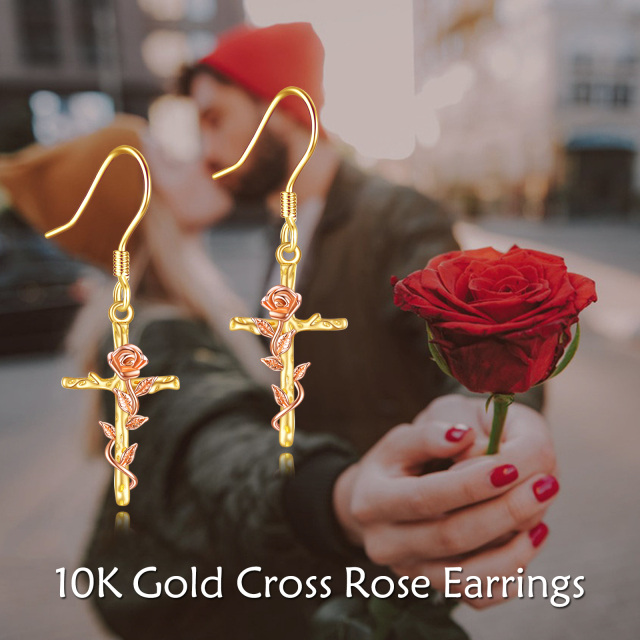 10K Yellow Gold Rose & Cross Drop Earrings-6