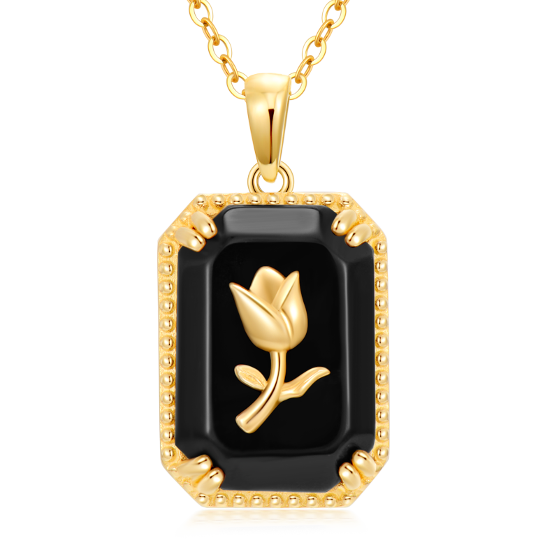 10K Yellow Gold Natural Black Agate Rose & Square Pendant Necklace-8