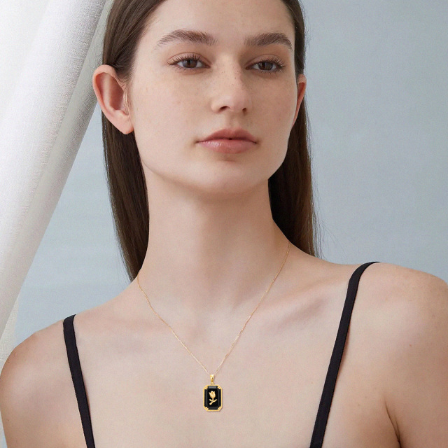 10K Yellow Gold Natural Black Agate Rose & Square Pendant Necklace-2