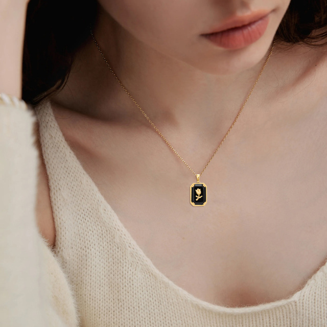 10K Yellow Gold Natural Black Agate Rose & Square Pendant Necklace-3