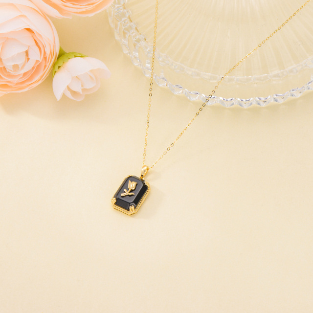 10K Yellow Gold Natural Black Agate Rose & Square Pendant Necklace-4