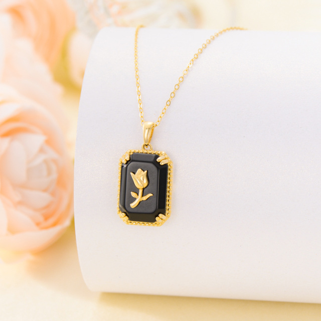 10K Yellow Gold Natural Black Agate Rose & Square Pendant Necklace-5