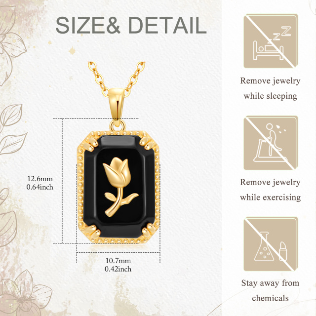 10K Yellow Gold Natural Black Agate Rose & Square Pendant Necklace-6