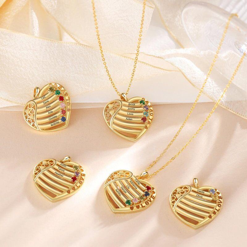 10K White Gold Round Cut Cubic Zirconia Personalized Birthstone & Personalized Classic Name & Heart Pendant Necklace-2