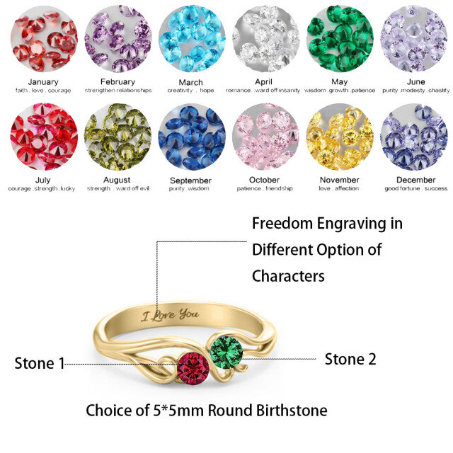 10K Yellow Gold Personalized Birthstone & Personalized Engraving Birthstone Ring-2