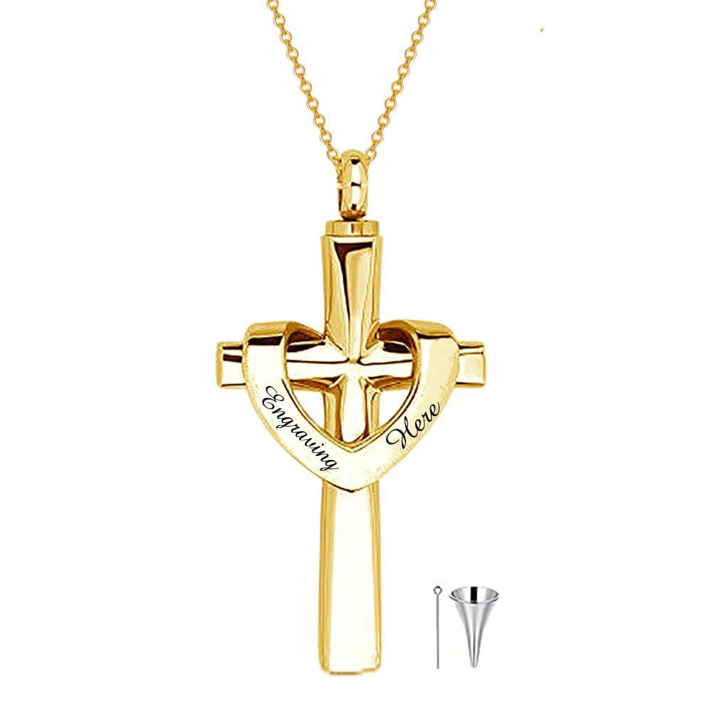 10K Yellow Gold Personalized Engraving Cross Heart Urn Cremation Necklace for Ashes-1