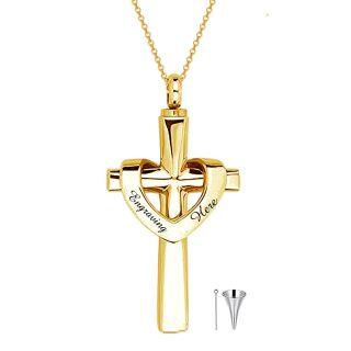 10K Yellow Gold Personalized Engraving Cross Heart Urn Cremation Necklace for Ashes-2