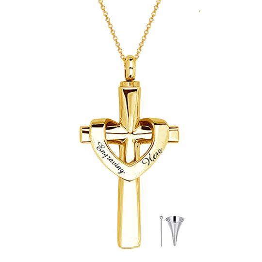 10K Yellow Gold Personalized Engraving Cross Heart Urn Cremation Necklace for Ashes