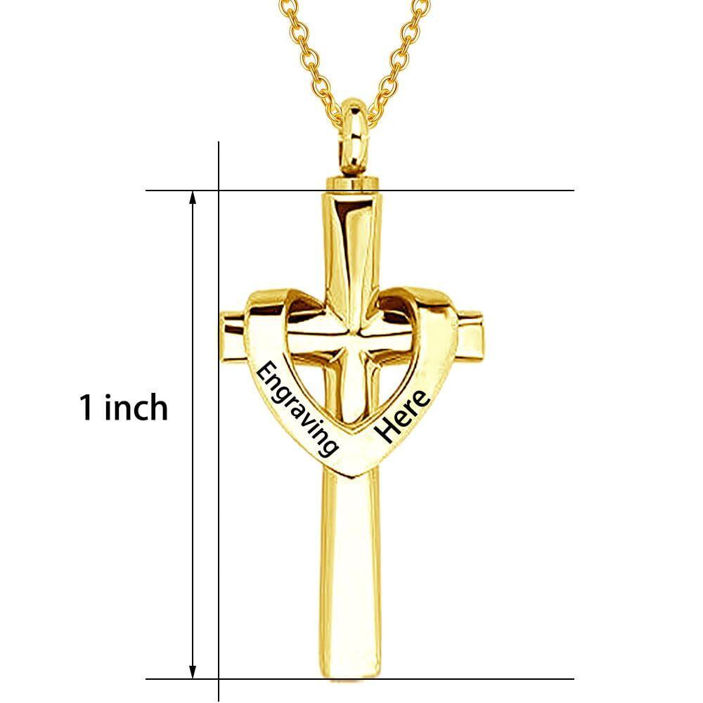 10K Yellow Gold Personalized Engraving Cross Heart Urn Cremation Necklace for Ashes-2