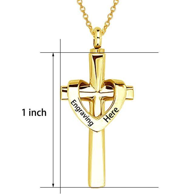 10K Yellow Gold Personalized Engraving Cross Heart Urn Cremation Necklace for Ashes-3