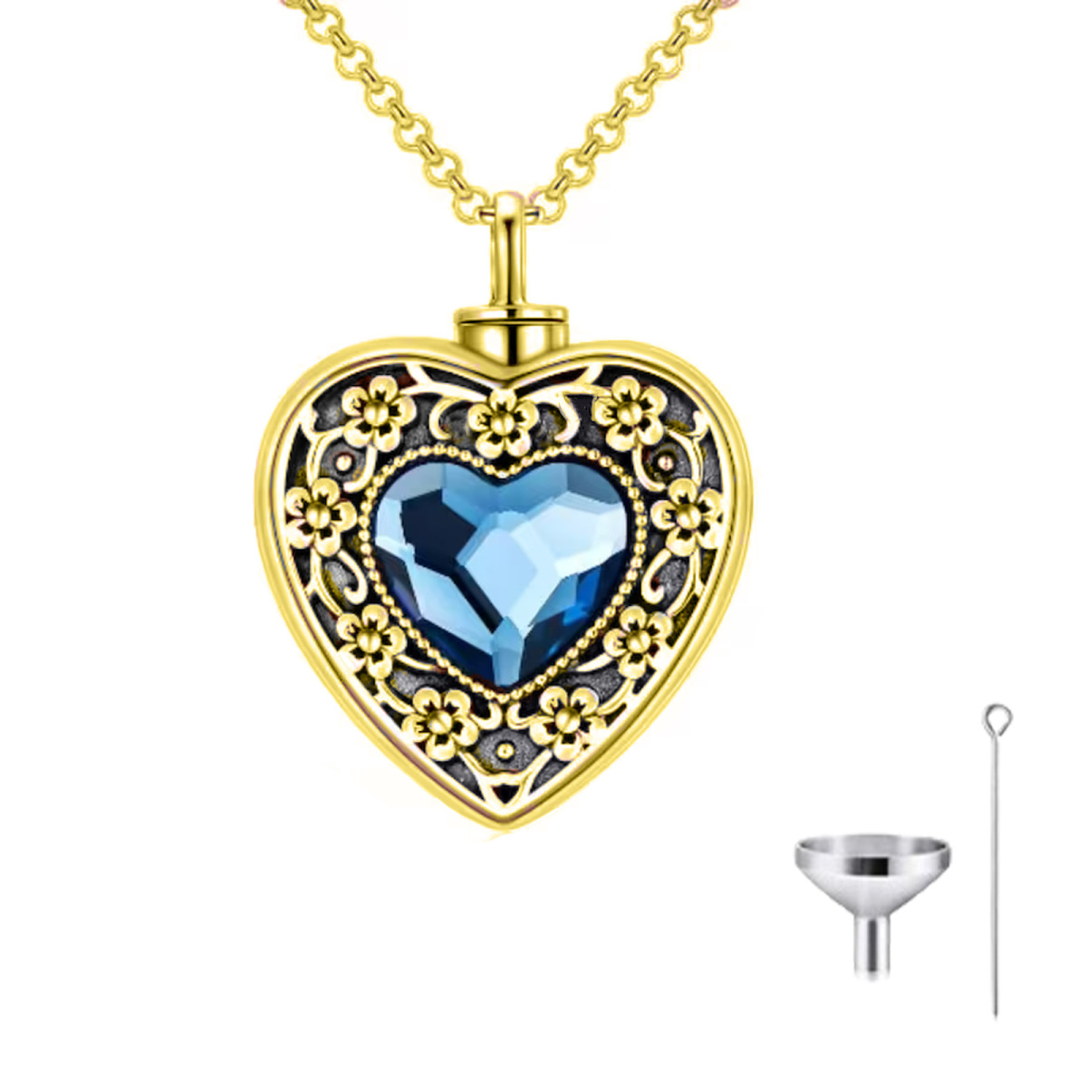 10K Yellow Gold Cubic Zirconia Personalized Engraving Heart Urn Necklace for Ashes-1