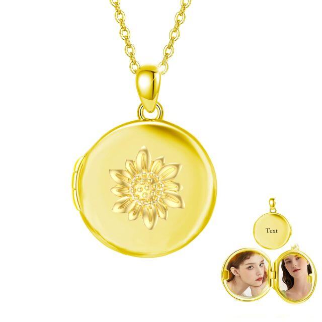 10K Yellow Gold Personalized Engraving & Sunflower & Personalized Photo Locket Necklace-1