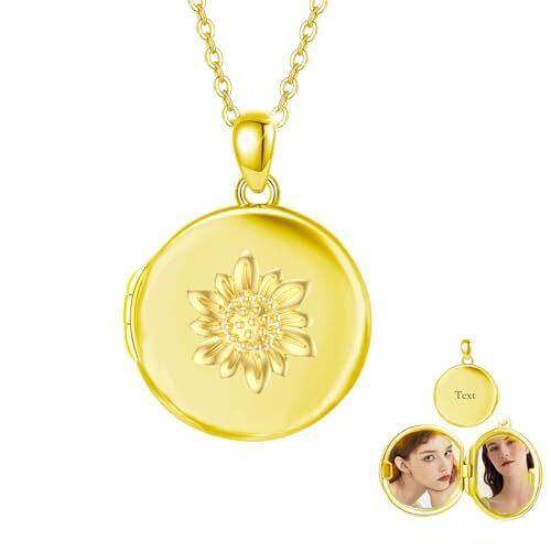 10K Yellow Gold Personalized Engraving & Sunflower & Personalized Photo Locket Necklace-2