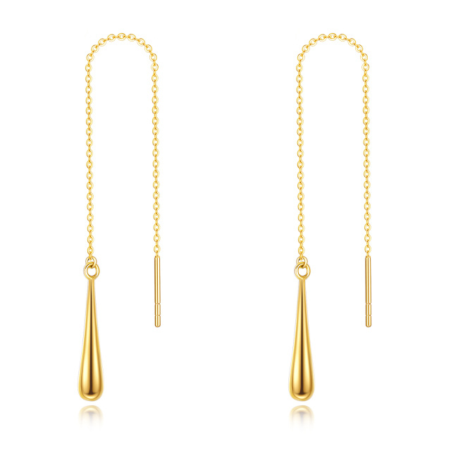 10K Yellow Gold Pull Through Threader Drop Shape Dangle Earrings-2