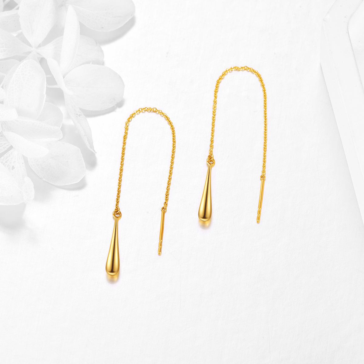 10K Yellow Gold Pull Through Threader Drop Shape Dangle Earrings-3