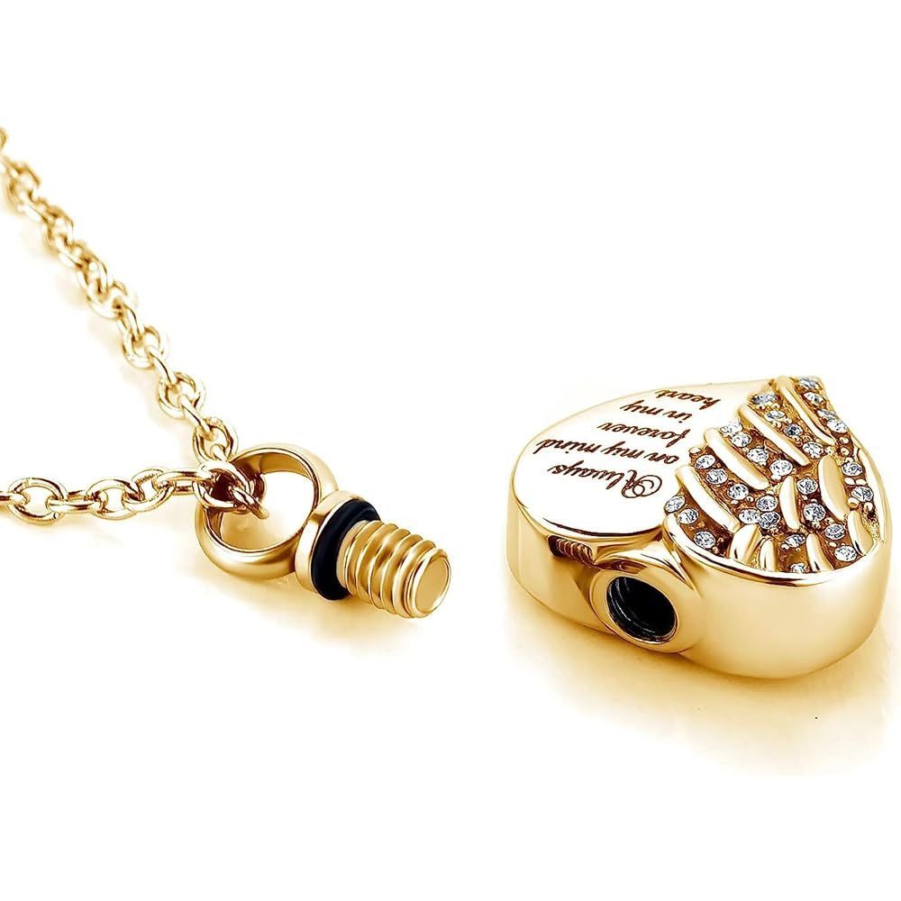 10K Yellow Gold Cubic Zirconia Angel Wing Personal Engraving Heart Urn Necklace for Ashes-2