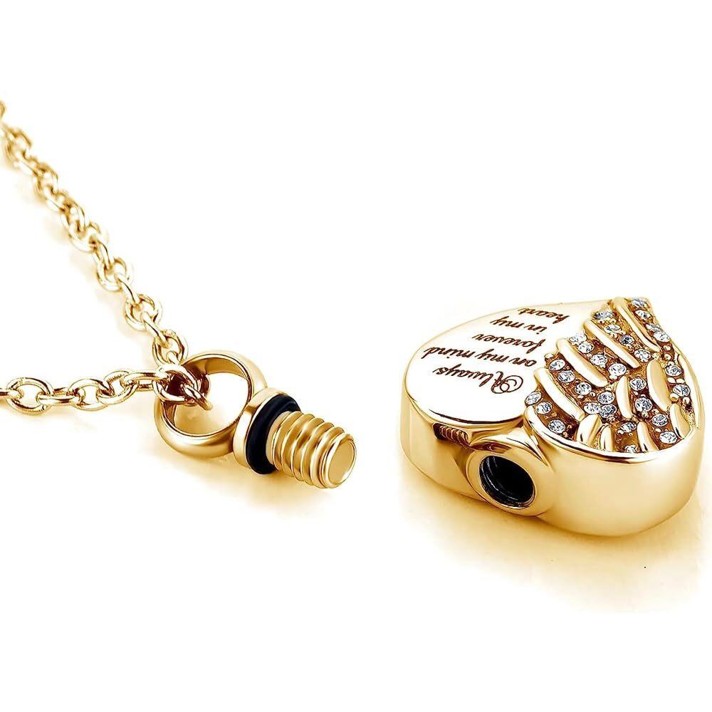 10K Yelow Gold Cubic Zirconia Angel Wing Personal Engraving Heart Urn Necklace for Ashes-2