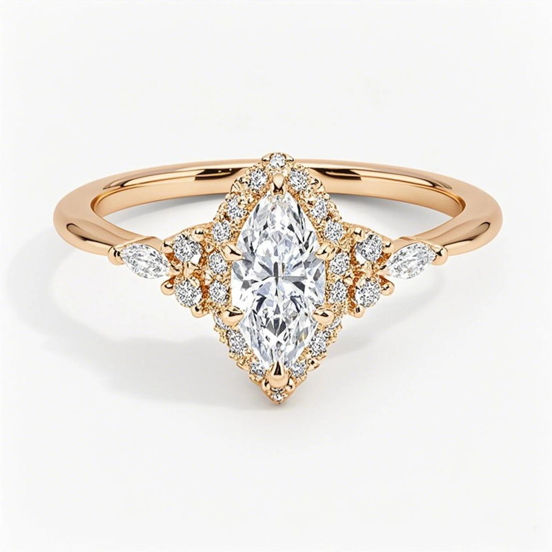 Verlobungsring aus 18-karätigem Gold mit Marquise-Schliff, im Labor gezüchteten Diamanten und individuellem Halo-Fassung sowie Seitensteinen-1