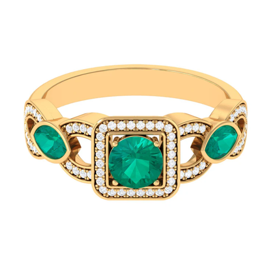 10K Gold 0.8 CT Round Cut Lab-Grown Emerald Custom Sidestone Engagement Ring