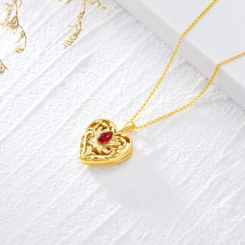 Collar con medallón fotográfico personalizado con corazón de loto de cristal en oro de 10 quilates para mujer-4