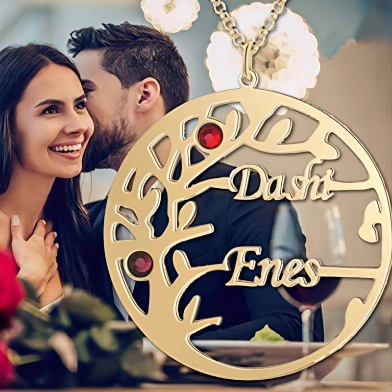 Collar con colgante de árbol de la vida, nombre clásico y piedra de nacimiento personalizada con circonita cúbica en oro de 10 quilates para mujer-3