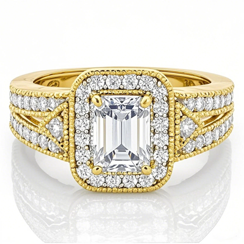 14K Gold Emerald Cut Moissanite Vintage Halo Engagement Ring-1