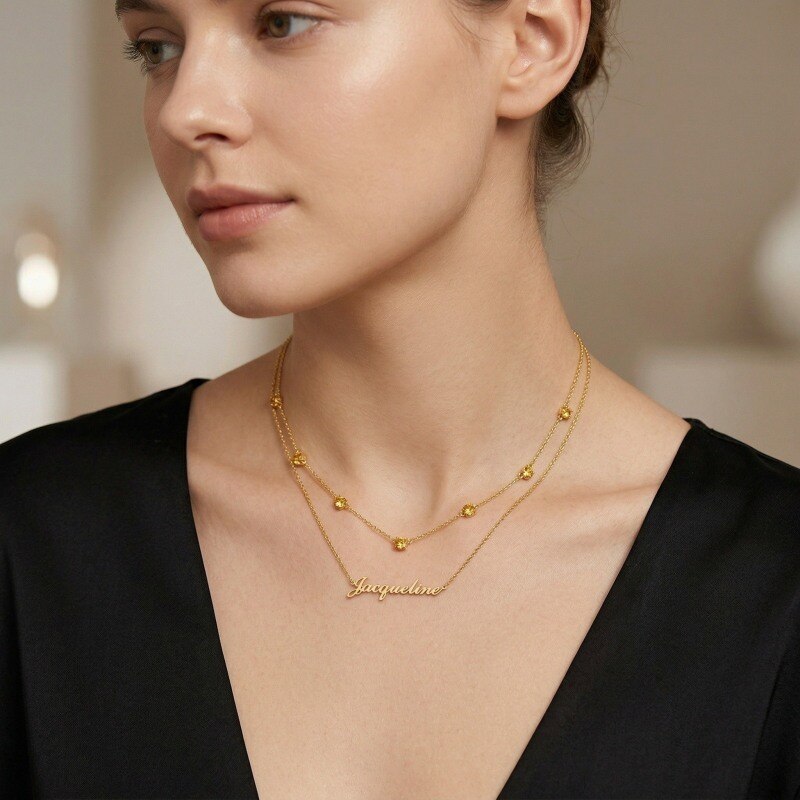 Sterling Silver With Gold Plated Round Cubic Zirconia Personalized Birthstone Classic Name Layered Necklace-2