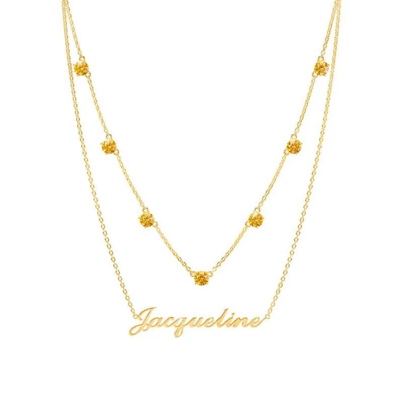 Sterling Silver With Gold Plated Round Cubic Zirconia Personalized Birthstone Classic Name Layered Necklace-1