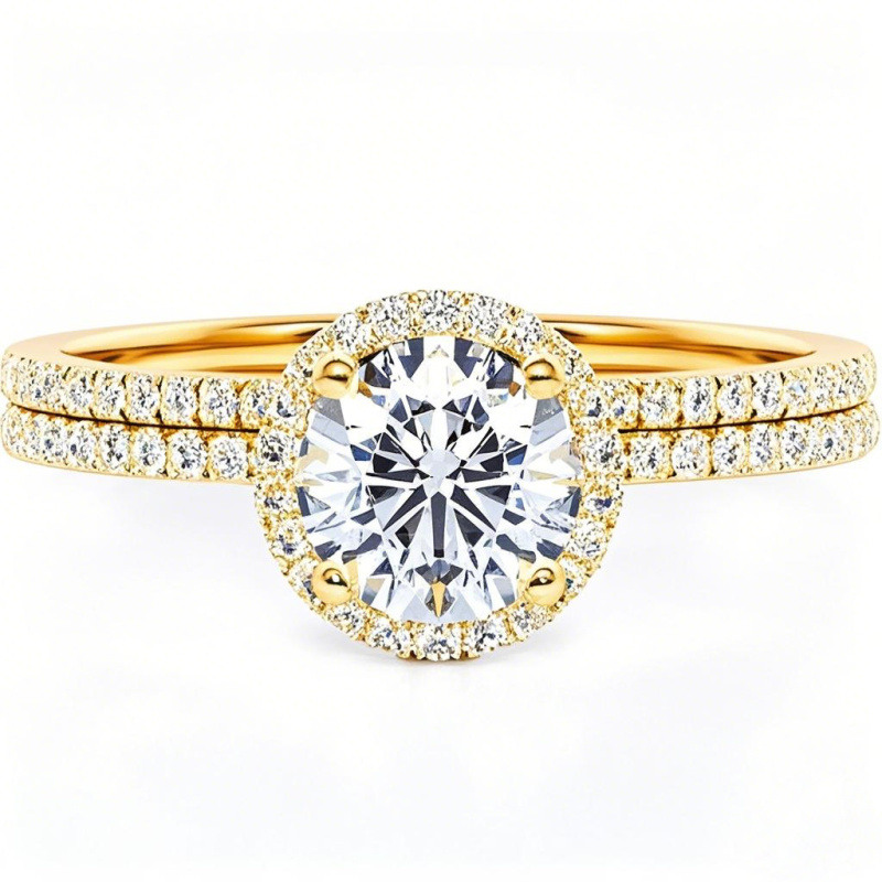Bague de mariage personnalisée en or 10 carats avec moissanite ronde et gravure, ornée d'une pierre précieuse.-1
