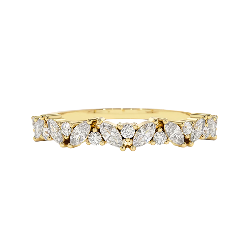 Bague en or 10 carats avec diamants taille marquise inclinée et ronds, couleur D, pureté VVS-VS-1