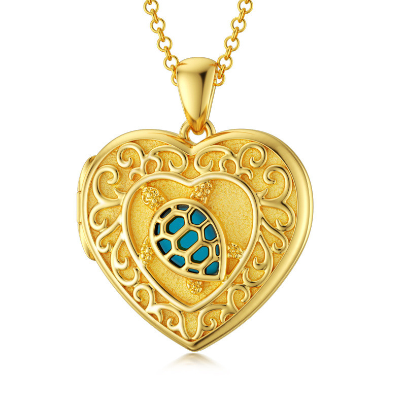 Collar con medallón fotográfico personalizado con corazón turquesa en oro de 10 quilates-11