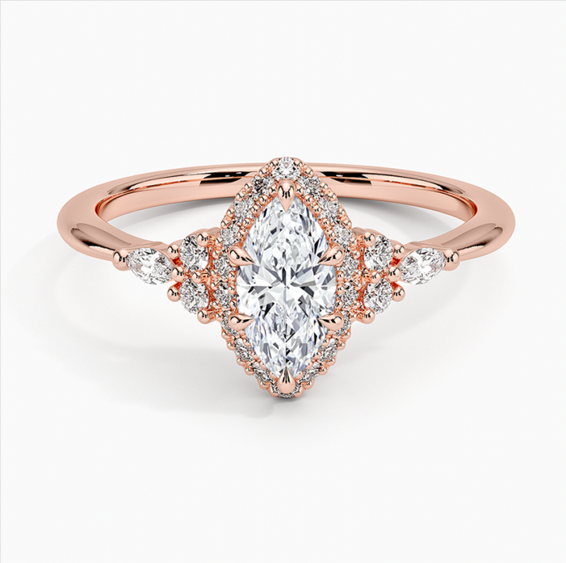Anillo de compromiso de oro rosa de 10 quilates con diamantes de talla marquesa creados en laboratorio, de 0,75 a 3,25 quilates en total, calidad D, certificado por IGI (VVS-VS).-1