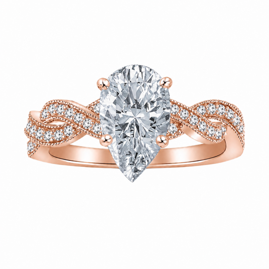 Verlobungsring aus 10-karätigem Roségold mit 1 Karat birnenförmigem, im Labor gezüchtetem Diamanten und individuell gestaltetem, gedrehtem Ringband