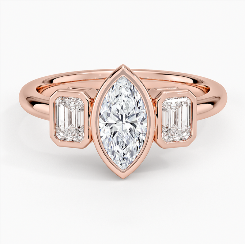 Dreisteiniger Verlobungsring aus 10-karätigem Roségold mit im Labor gezüchtetem Diamanten im Marquise-Schliff.-1