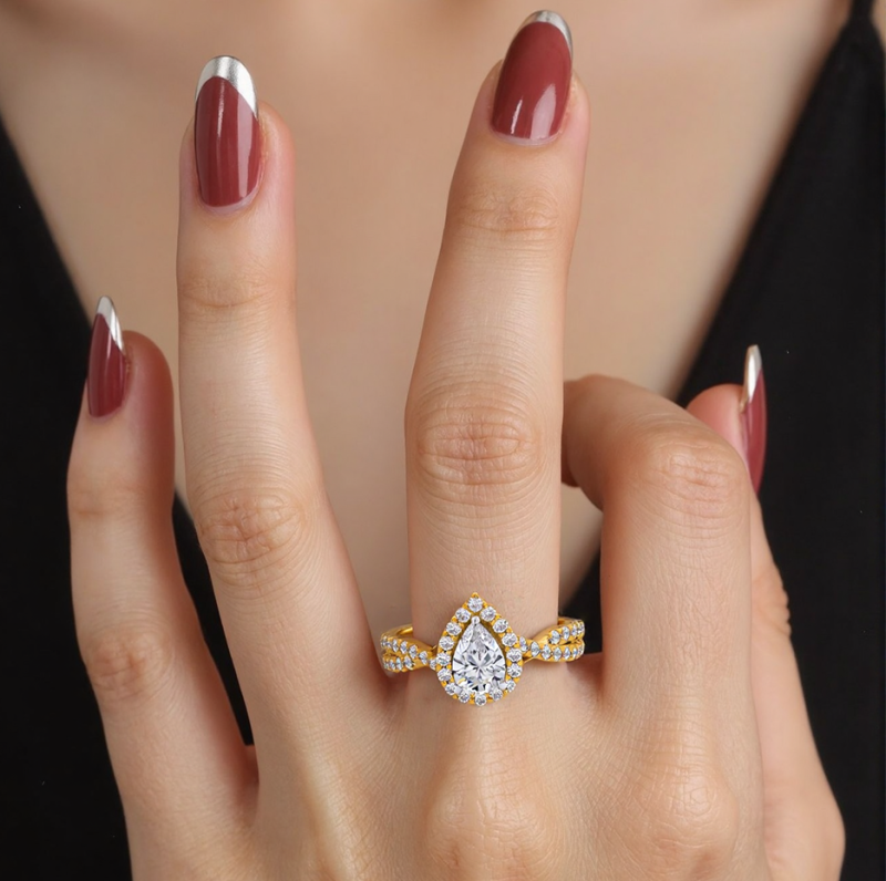 10K Rose Gold Pear Cut Lab-Grown Diamond Custom Twisted Band Halo Engagement Ring-2