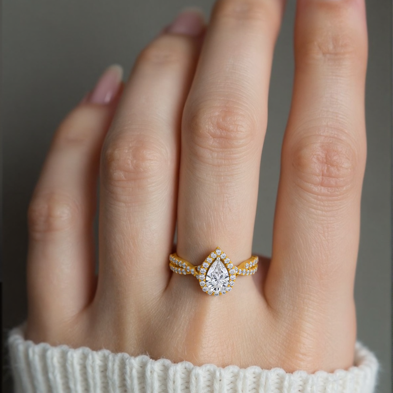 10K Rose Gold Pear Cut Lab-Grown Diamond Custom Twisted Band Halo Engagement Ring-3