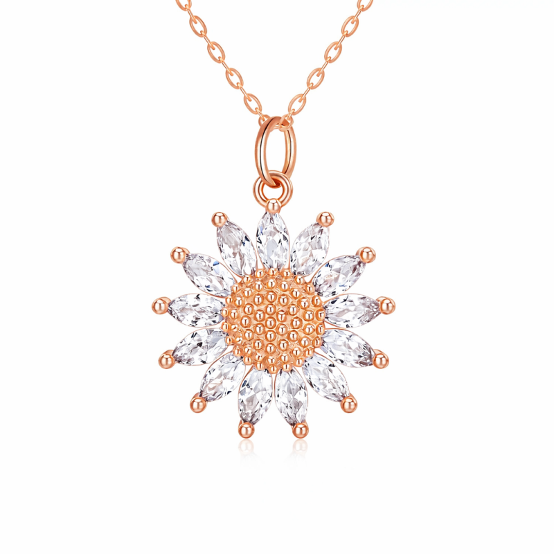 Collar con colgante de girasol de circonia cúbica en oro rosa de 10 quilates-1