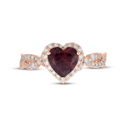 Anillo de compromiso personalizado de oro rosa de 10 quilates con corte en forma de corazón y piedras preciosas.