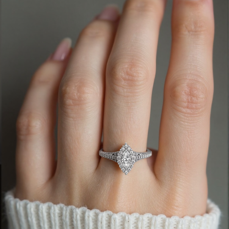 10K Rose Gold Marquise Cut Lab-Grown Diamond Custom Halo Engagement Ring-3