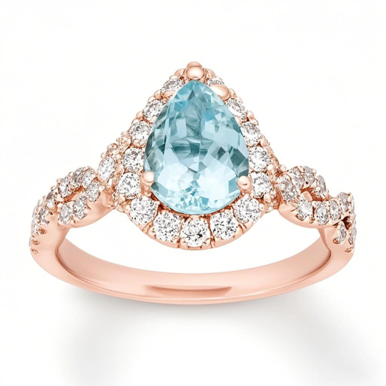 10K Rose Gold Pear Cut Gem Twisted Halo Engagement Ring