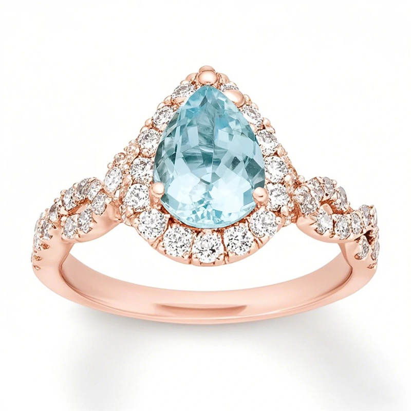 Verlobungsring aus 10-karätigem Roségold mit birnenförmigem Edelstein und gedrehtem Halo-17