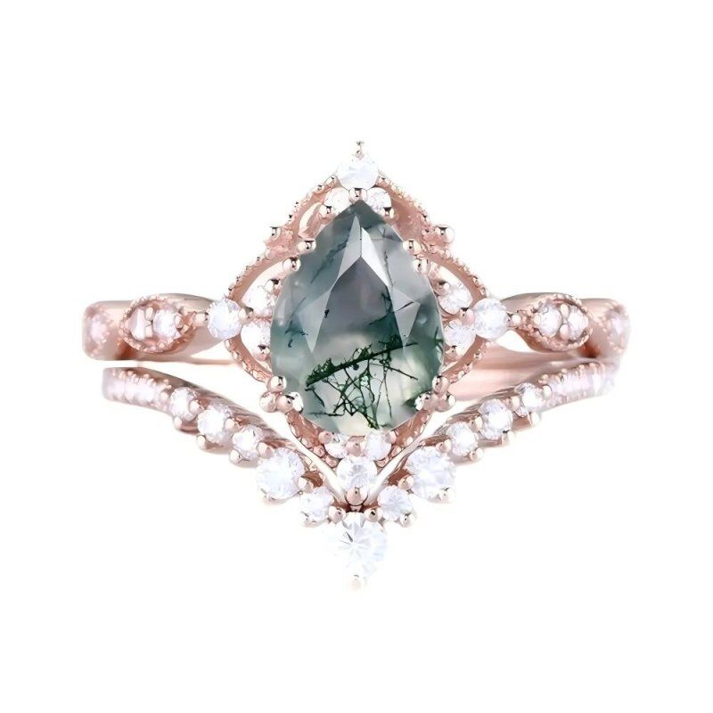 Ensemble de mariage en or rose 10 carats et moissanite agate mousse taille poire-1