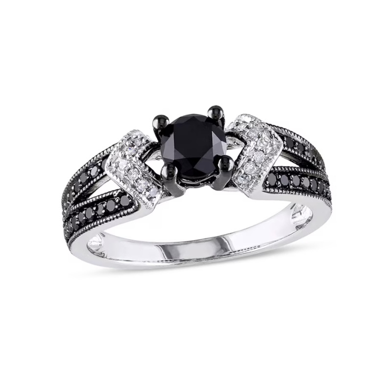 Verlobungsring aus 10-karätigem Weißgold mit runden schwarzen und weißen Diamanten im Brillantschliff und geteilter Ringschiene (0,75 bis 3,25 Karat Gesamtgewicht).-1