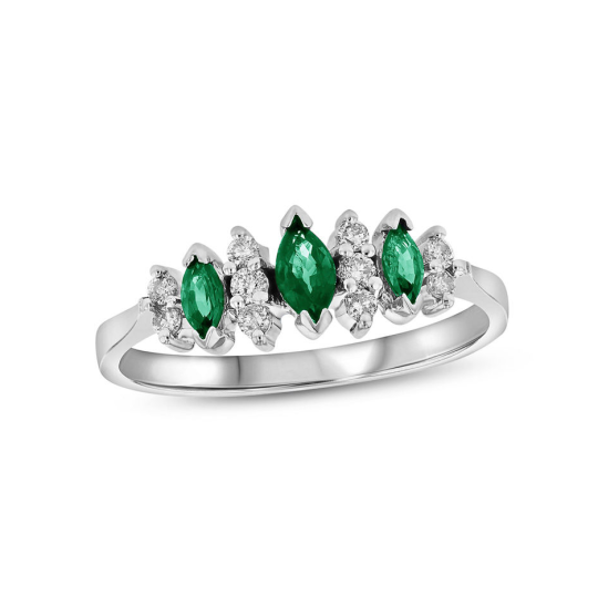 Anillo de aniversario ilusión de tres piedras en oro blanco de 10 quilates con esmeralda talla marquesa de 1 quilate y diamantes naturales de 0,15 quilates.