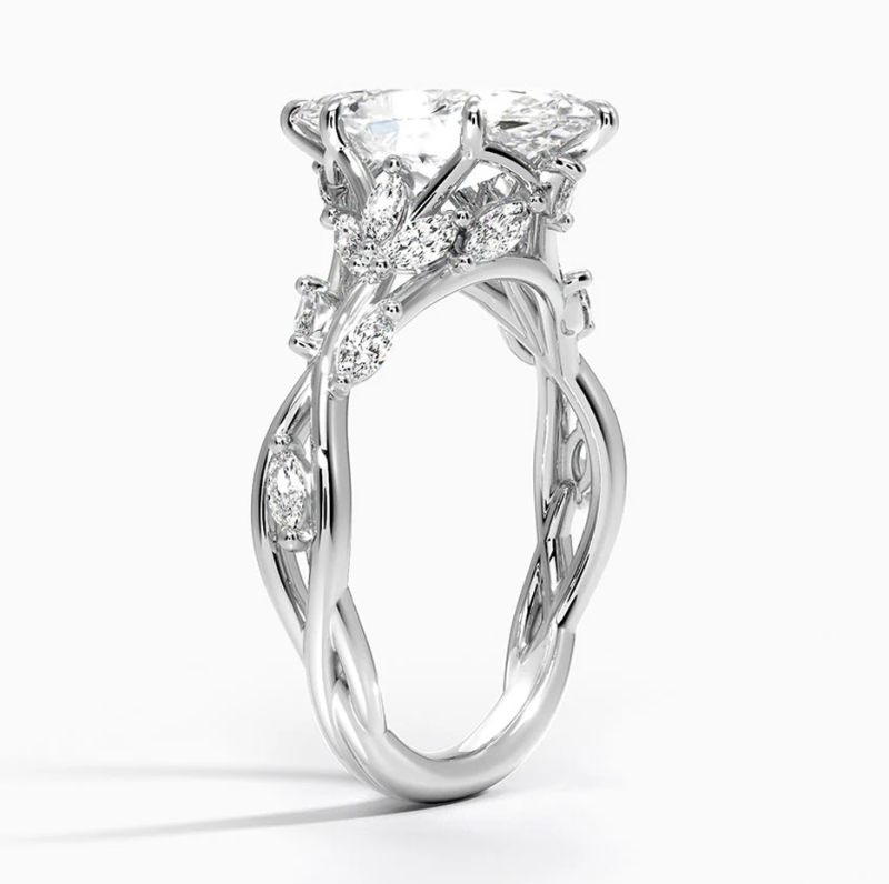 Verlobungsring aus 10-karätigem Weißgold mit 1 bis 3 Karat im Marquise-Schliff geschliffenem, im Labor gezüchtetem Diamanten und individuellem Blättermotiv, inspiriert von der Natur-3